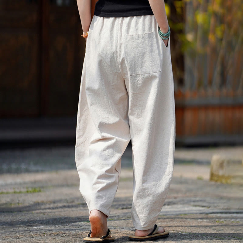Pantalon d'été uni Buddha Stones pour homme, coupe droite, fermeture à boutons de style chinois, en coton et lin avec poches - image 4