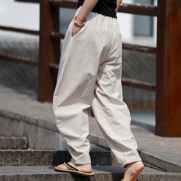 Pantalon d'été uni Buddha Stones pour homme, coupe droite, fermeture à boutons de style chinois, en coton et lin avec poches - image 3