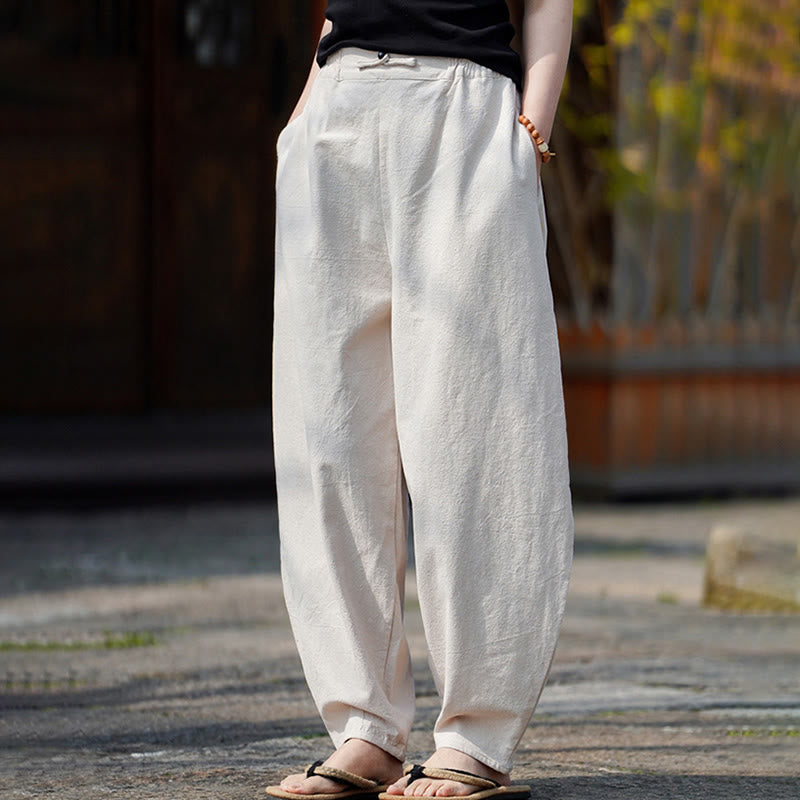 Pantalon d'été uni Buddha Stones pour homme, coupe droite, fermeture à boutons de style chinois, en coton et lin avec poches - image 6