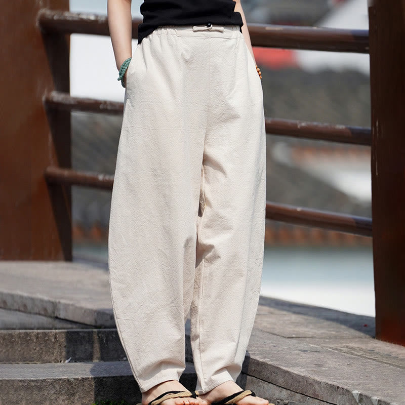 Pantalon d'été uni Buddha Stones pour homme, coupe droite, fermeture à boutons de style chinois, en coton et lin avec poches - image 5