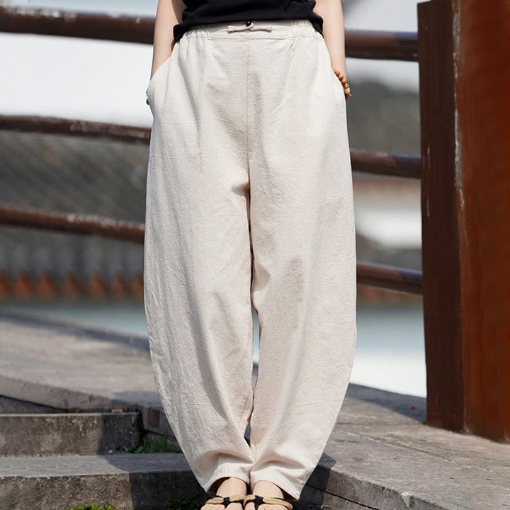 Pantalon d'été uni Buddha Stones pour homme, coupe droite, fermeture à boutons de style chinois, en coton et lin avec poches - image 8