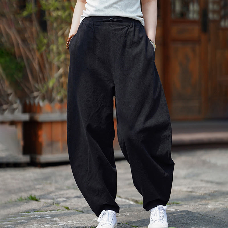 Pantalon d'été uni Buddha Stones pour homme, coupe droite, fermeture à boutons de style chinois, en coton et lin avec poches - image 23