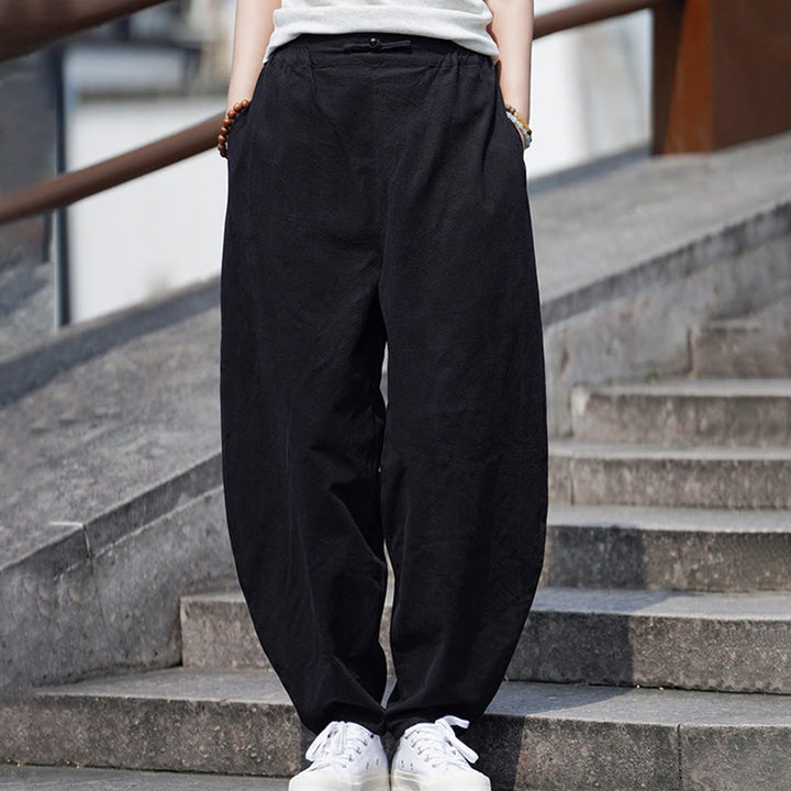 Pantalon d'été uni Buddha Stones pour homme, coupe droite, fermeture à boutons de style chinois, en coton et lin avec poches - image 25