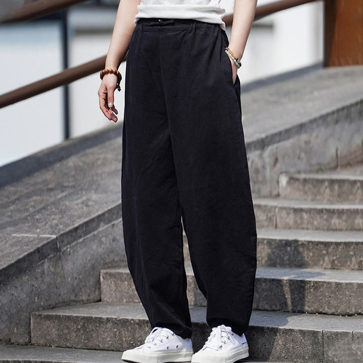 Pantalon d'été uni Buddha Stones pour homme, coupe droite, fermeture à boutons de style chinois, en coton et lin avec poches - image 20