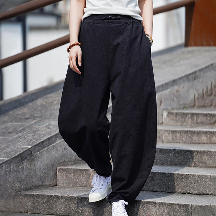 Pantalon d'été uni Buddha Stones pour homme, coupe droite, fermeture à boutons de style chinois, en coton et lin avec poches - image 19