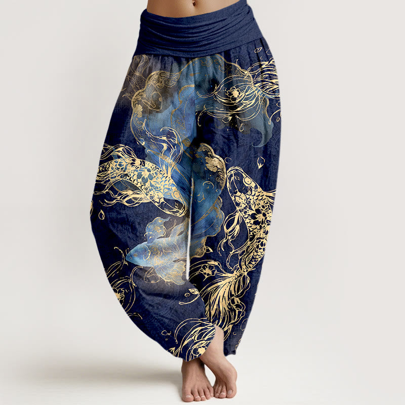 Pantalon harem à taille élastique pour femme, en pur coton, motif de carpes koï, Buddha Stones - Bleu foncé - US16，UK/AU20，EU48 (3XL) - image 0