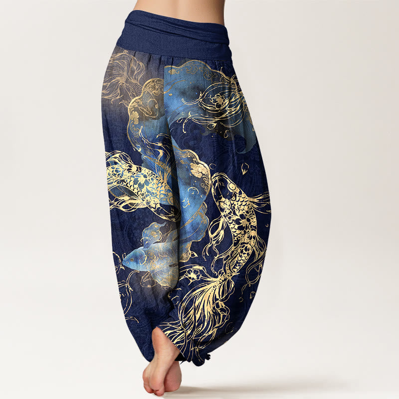 Pantalon harem à taille élastique pour femme, en pur coton, motif de carpes koï, Buddha Stones - image 1
