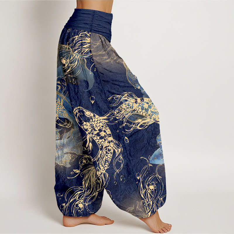 Pantalon harem à taille élastique pour femme, en pur coton, motif de carpes koï, Buddha Stones - image 2
