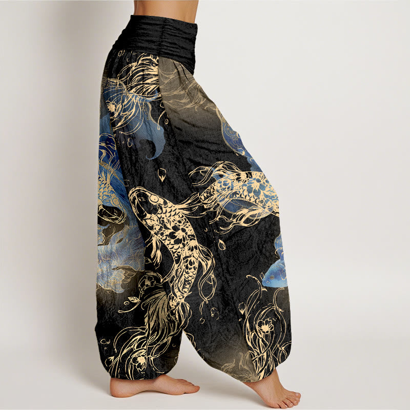 Pantalon harem à taille élastique pour femme, en pur coton, motif de carpes koï, Buddha Stones - image 7