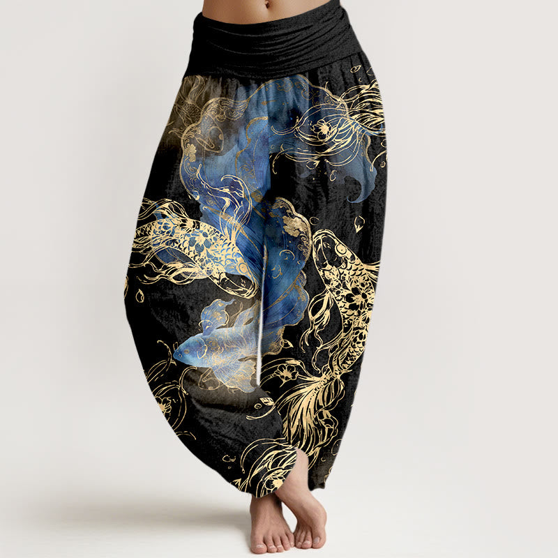Pantalon harem à taille élastique pour femme, en pur coton, motif de carpes koï, Buddha Stones - Noir - US16，UK/AU20，EU48 (3XL) - image 5