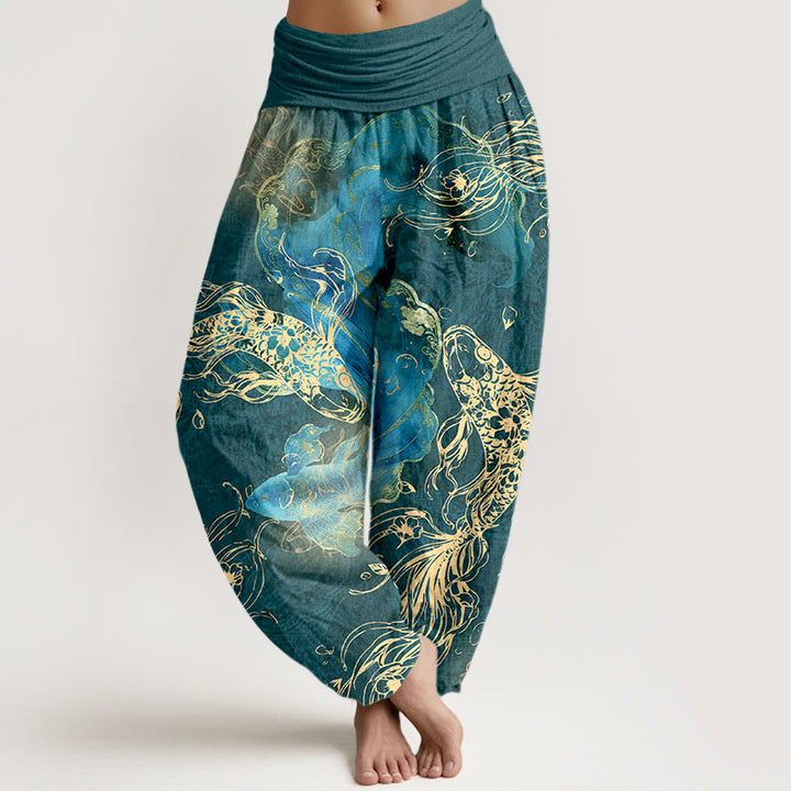 Pantalon harem à taille élastique pour femme, en pur coton, motif de carpes koï, Buddha Stones - Sarcelle - US16，UK/AU20，EU48 (3XL) - image 8