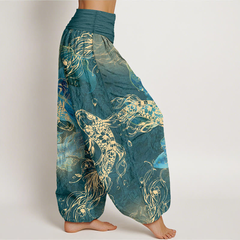 Pantalon harem à taille élastique pour femme, en pur coton, motif de carpes koï, Buddha Stones - image 10