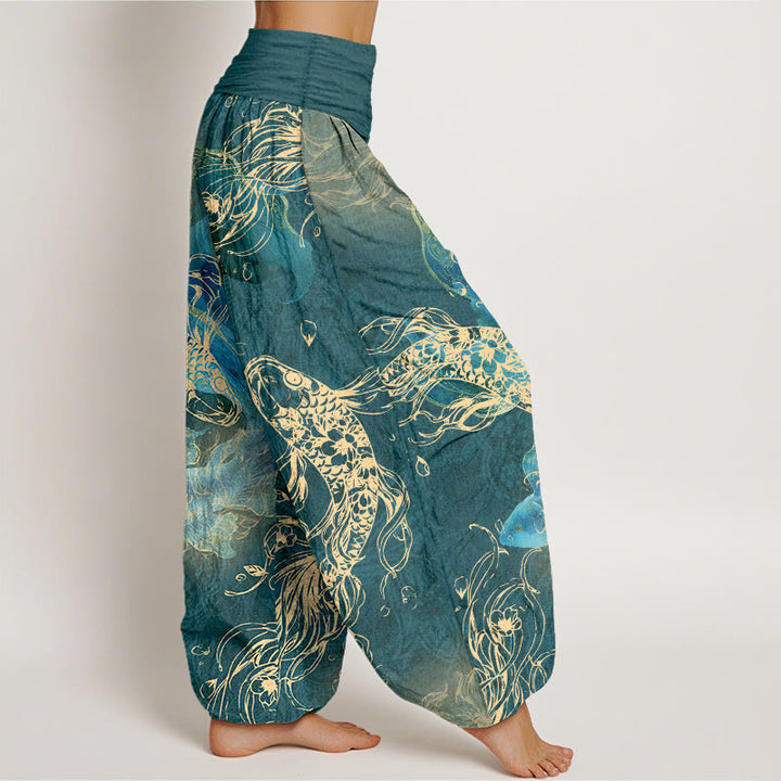 Pantalon harem à taille élastique pour femme, en pur coton, motif de carpes koï, Buddha Stones - image 10