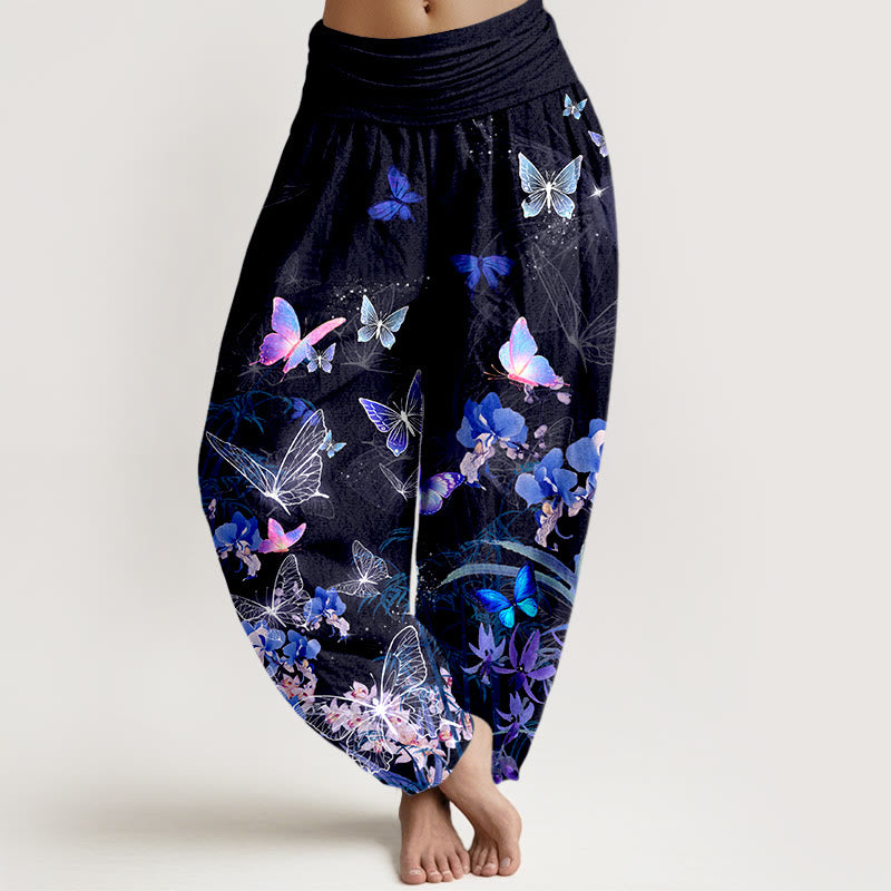 Pantalon harem à taille élastique pour femme, en pur coton, orné de motifs oniriques de papillons, de fleurs, d'herbes et de bambou, avec Buddha Stones - Noir - US16，UK/AU20，EU48 (3XL) - image 0