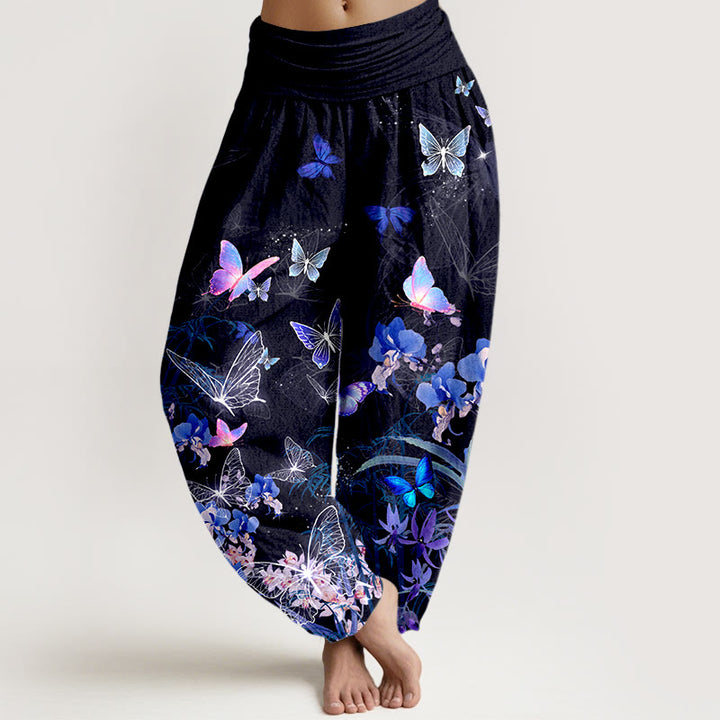 Pantalon harem à taille élastique pour femme, en pur coton, orné de motifs oniriques de papillons, de fleurs, d'herbes et de bambou, avec Buddha Stones - Noir - US16，UK/AU20，EU48 (3XL) - image 0