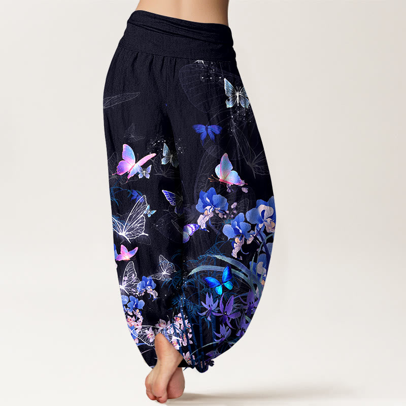 Pantalon harem à taille élastique pour femme, en pur coton, orné de motifs oniriques de papillons, de fleurs, d'herbes et de bambou, avec Buddha Stones - image 1