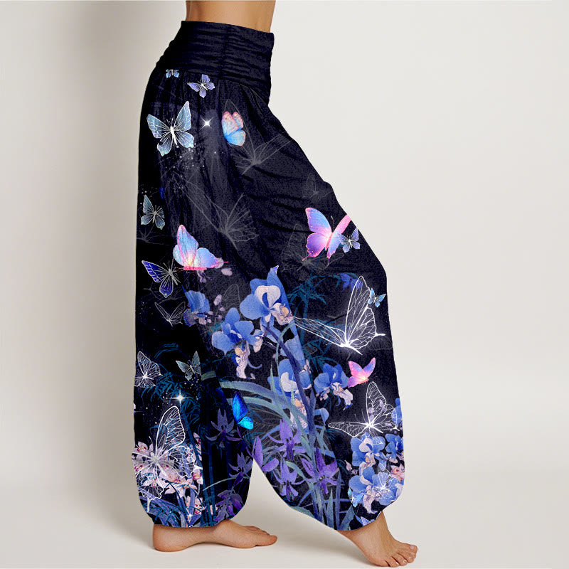Pantalon harem à taille élastique pour femme, en pur coton, orné de motifs oniriques de papillons, de fleurs, d'herbes et de bambou, avec Buddha Stones - image 2