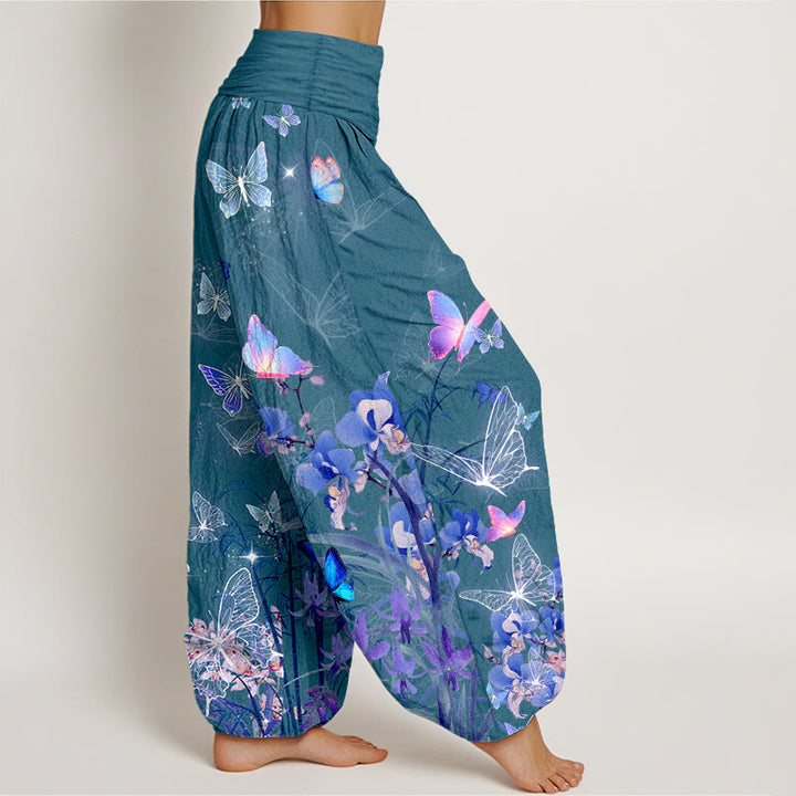 Pantalon harem à taille élastique pour femme, en pur coton, orné de motifs oniriques de papillons, de fleurs, d'herbes et de bambou, avec Buddha Stones - image 7