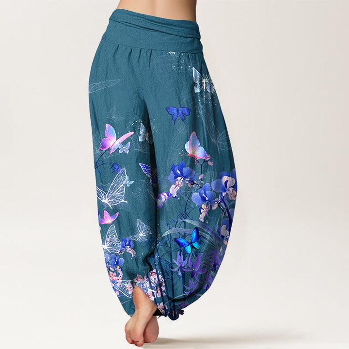 Pantalon harem à taille élastique pour femme, en pur coton, orné de motifs oniriques de papillons, de fleurs, d'herbes et de bambou, avec Buddha Stones - image 6