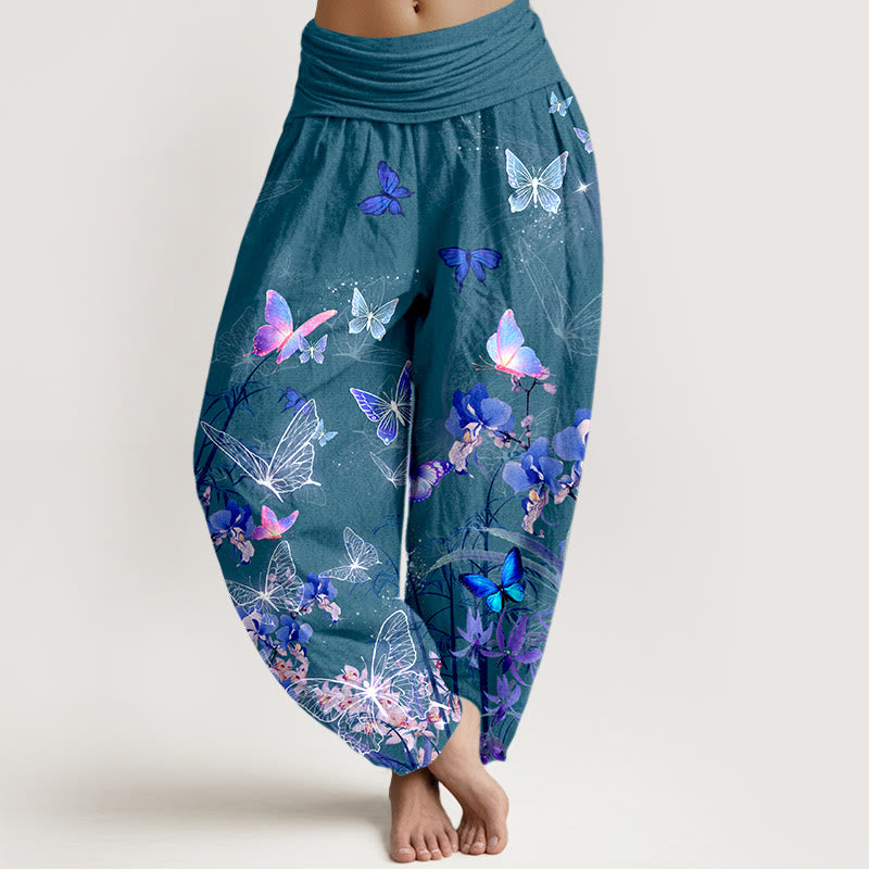 Pantalon harem à taille élastique pour femme, en pur coton, orné de motifs oniriques de papillons, de fleurs, d'herbes et de bambou, avec Buddha Stones - Sarcelle - US16，UK/AU20，EU48 (3XL) - image 5