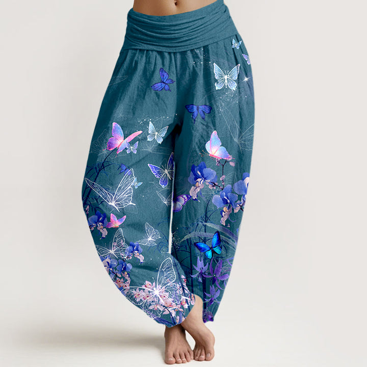 Pantalon harem à taille élastique pour femme, en pur coton, orné de motifs oniriques de papillons, de fleurs, d'herbes et de bambou, avec Buddha Stones - Sarcelle - US16，UK/AU20，EU48 (3XL) - image 5