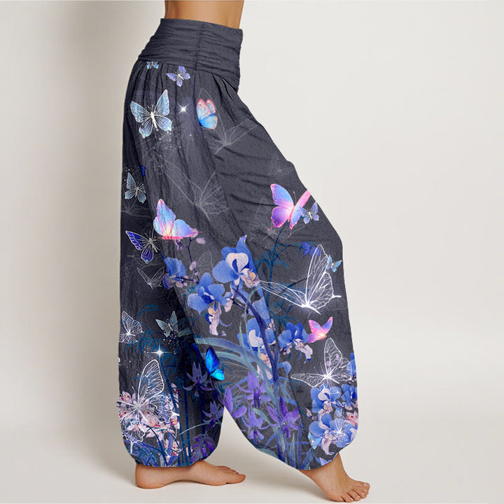 Pantalon harem à taille élastique pour femme, en pur coton, orné de motifs oniriques de papillons, de fleurs, d'herbes et de bambou, avec Buddha Stones - image 10
