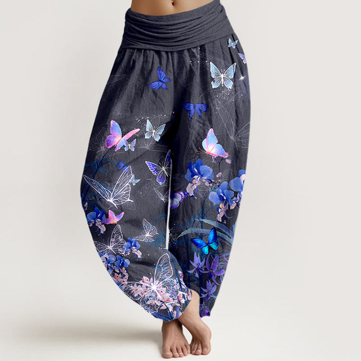 Pantalon harem à taille élastique pour femme, en pur coton, orné de motifs oniriques de papillons, de fleurs, d'herbes et de bambou, avec Buddha Stones - Gris - US16，UK/AU20，EU48 (3XL) - image 8