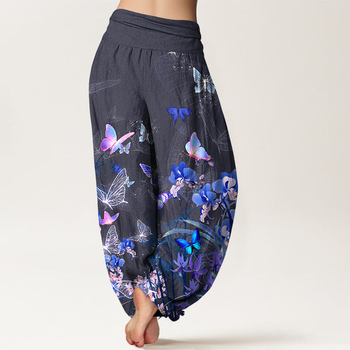 Pantalon harem à taille élastique pour femme, en pur coton, orné de motifs oniriques de papillons, de fleurs, d'herbes et de bambou, avec Buddha Stones - image 9