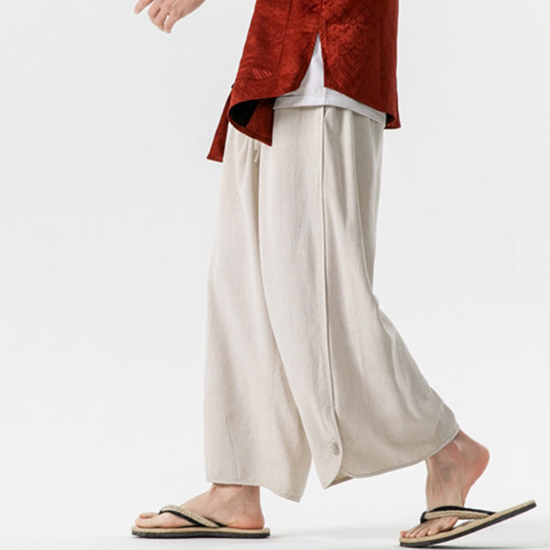 Pantalon d'été uni en lin et coton, motif Buddha Stones, avec cordon de serrage et poches, longueur 7-8. - image 3