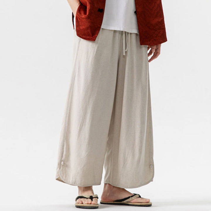 Pantalon d'été uni en lin et coton, motif Buddha Stones, avec cordon de serrage et poches, longueur 7-8. - image 7