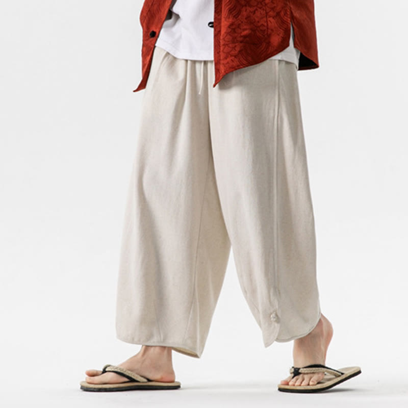 Pantalon d'été uni en lin et coton, motif Buddha Stones, avec cordon de serrage et poches, longueur 7-8. - image 2