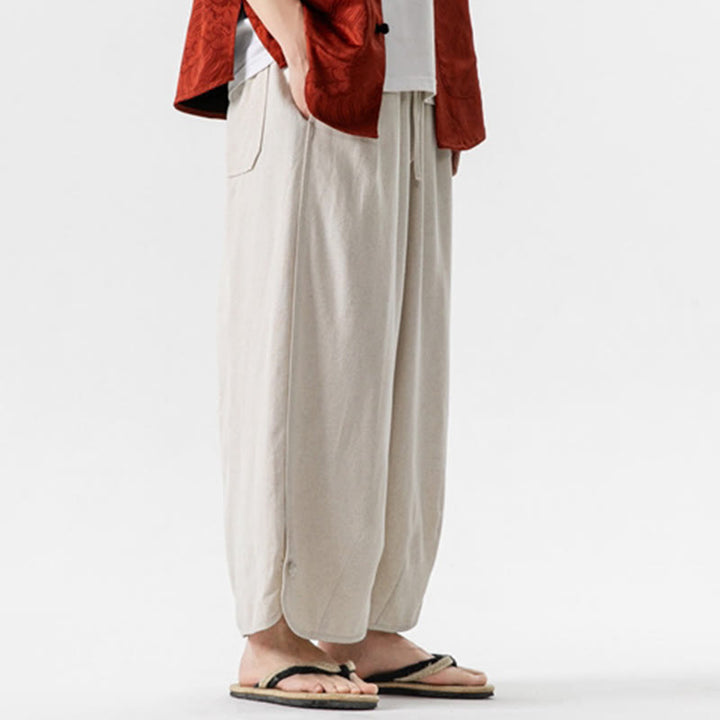 Pantalon d'été uni en lin et coton, motif Buddha Stones, avec cordon de serrage et poches, longueur 7-8. - image 5