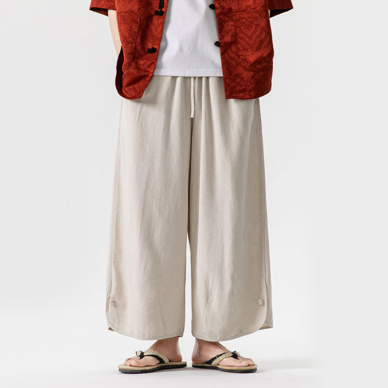 Pantalon d'été uni en lin et coton, motif Buddha Stones, avec cordon de serrage et poches, longueur 7-8. - Beige - US/UK/AU46，EU56 (5XL) - image 1