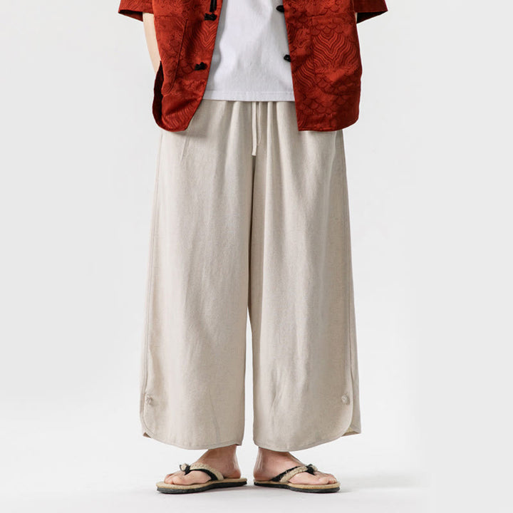 Pantalon d'été uni en lin et coton, motif Buddha Stones, avec cordon de serrage et poches, longueur 7-8. - Beige - US/UK/AU46，EU56 (5XL) - image 1