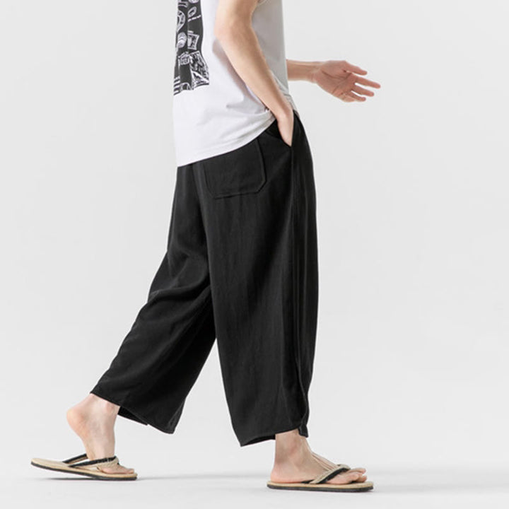 Pantalon d'été uni en lin et coton, motif Buddha Stones, avec cordon de serrage et poches, longueur 7-8. - image 18