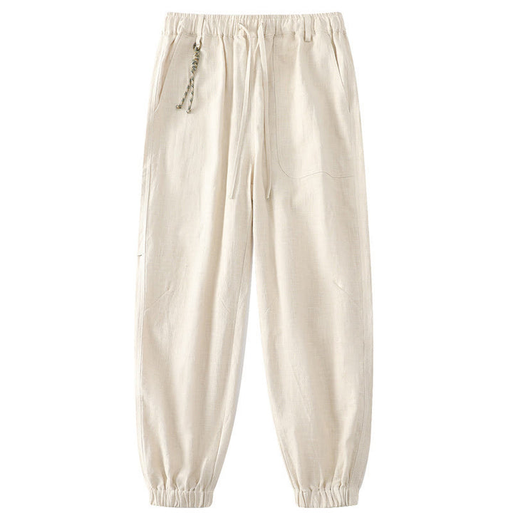 Pantalon d'été pour homme en ramie, lin et coton, longueur cheville, ourlets élastiques, coupe fuselée et poches, avec Buddha Stones - Beige - US/UK/AU46，EU56 (5XL) - image 0