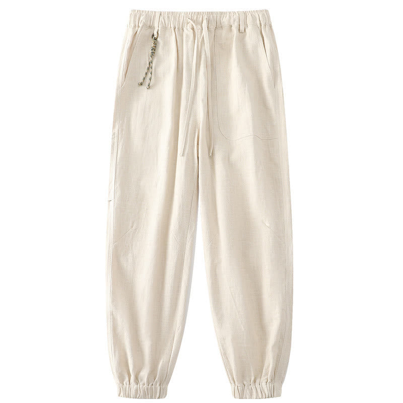 Pantalon d'été pour homme en ramie, lin et coton, longueur cheville, ourlets élastiques, coupe fuselée et poches, avec Buddha Stones - Beige - US/UK/AU46，EU56 (5XL) - image 0