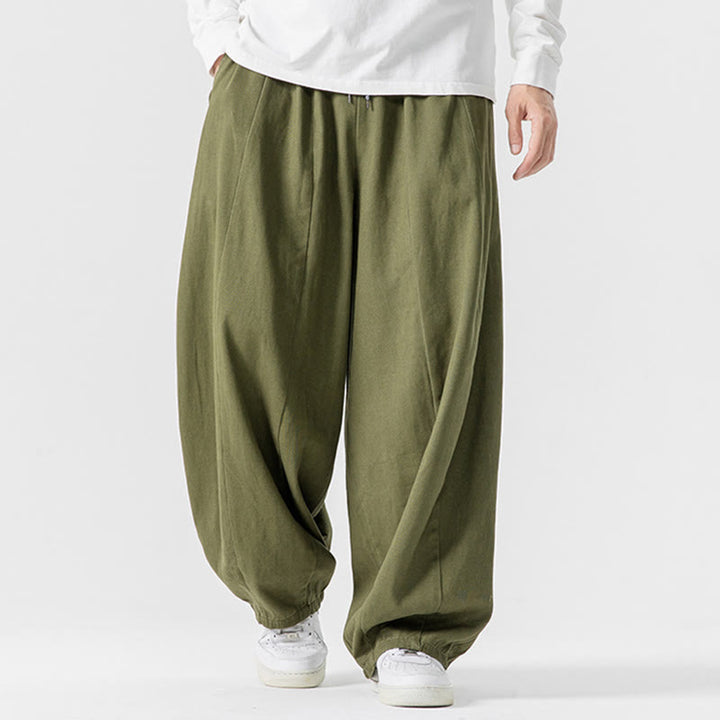 Pantalon harem homme en coton uni couleur automne Buddha Stones, taille élastique, avec poches - Vert olive - US/UK/AU46，EU56 (5XL) - image 0