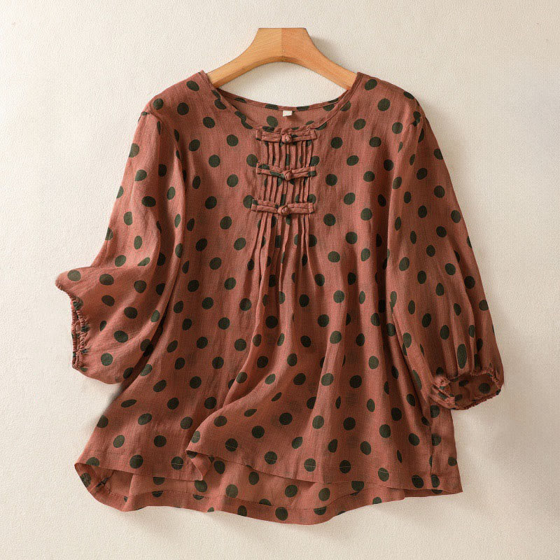 Chemise à manches longues en polyester à pois et col rond, motif Buddha Stones  - FireBrick - US12，UK/AU16，EU44 (2XL) - image 0