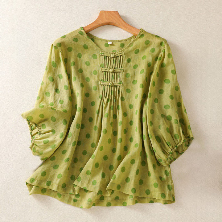 Chemise à manches longues en polyester à pois et col rond, motif Buddha Stones  - JauneVert - US12，UK/AU16，EU44 (2XL) - image 7