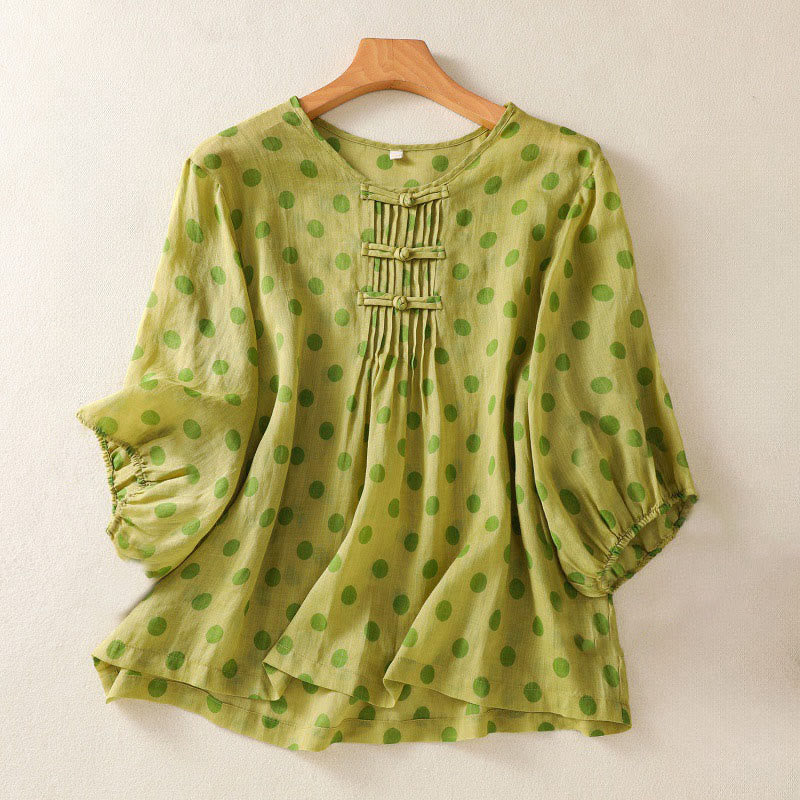 Chemise à manches longues en polyester à pois et col rond, motif Buddha Stones  - JauneVert - US12，UK/AU16，EU44 (2XL) - image 7