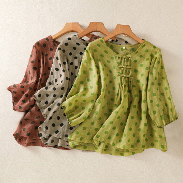 Chemise à manches longues en polyester à pois et col rond, motif Buddha Stones  - image 27