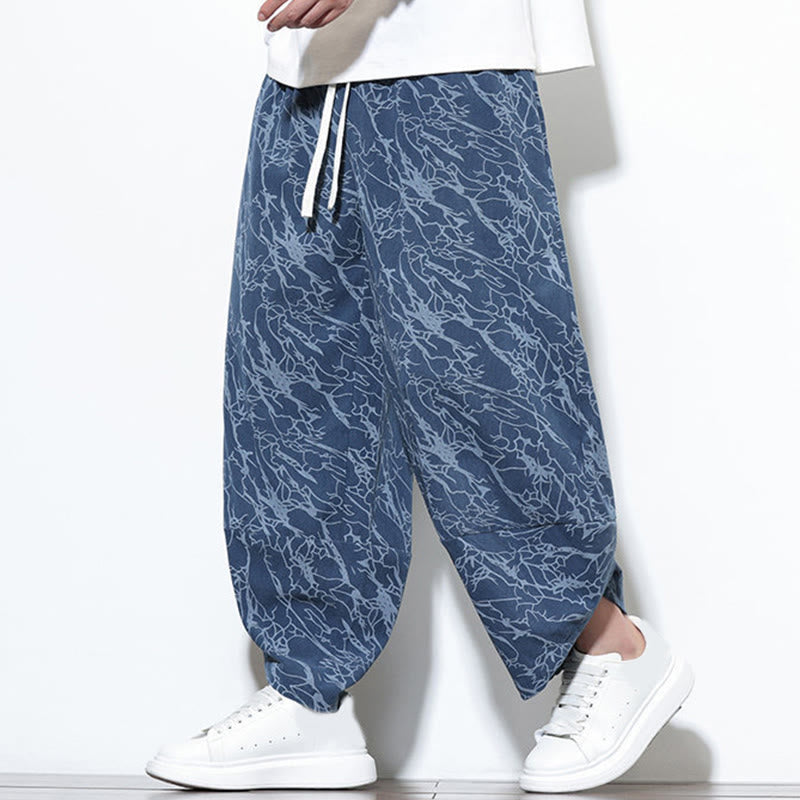 Pantalon harem homme en coton imprimé de lignes texturées avec motif de Buddha Stones et poches, longueur cheville, taille élastique - image 1