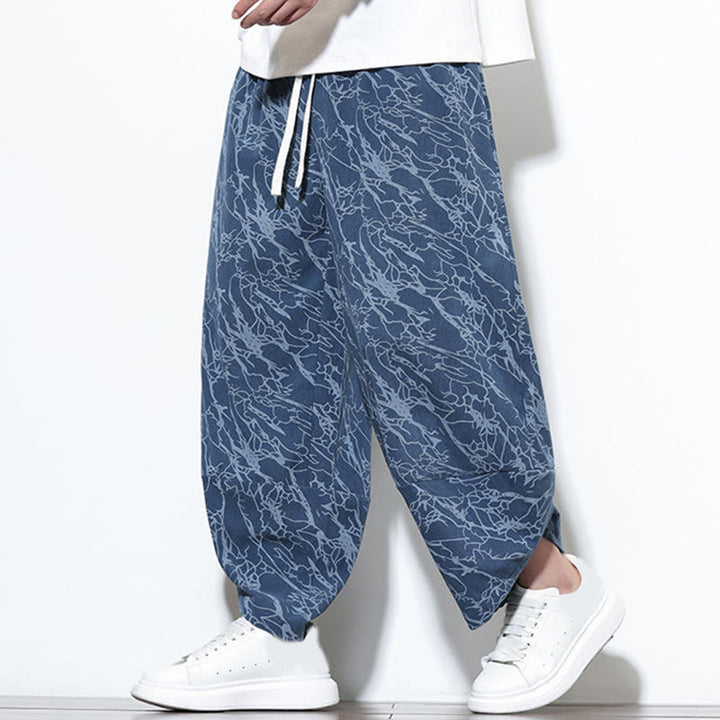 Pantalon harem homme en coton imprimé de lignes texturées avec motif de Buddha Stones et poches, longueur cheville, taille élastique - image 1