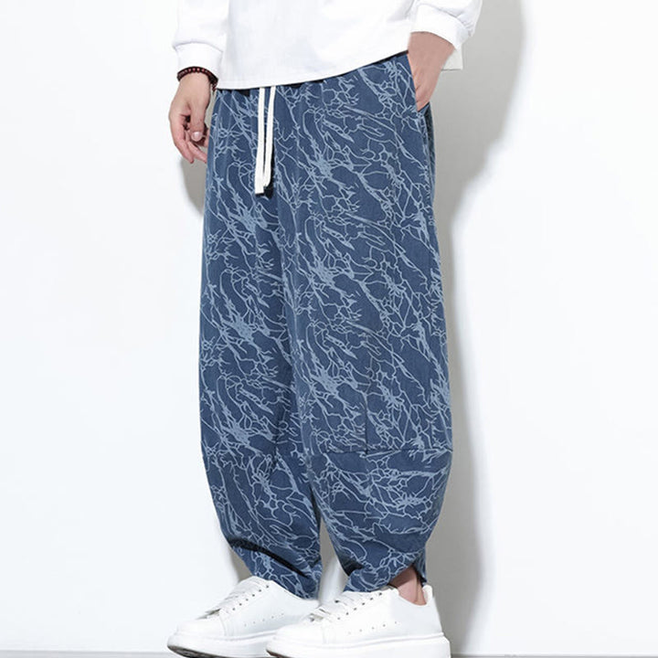 Pantalon harem homme en coton imprimé de lignes texturées avec motif de Buddha Stones et poches, longueur cheville, taille élastique - image 4