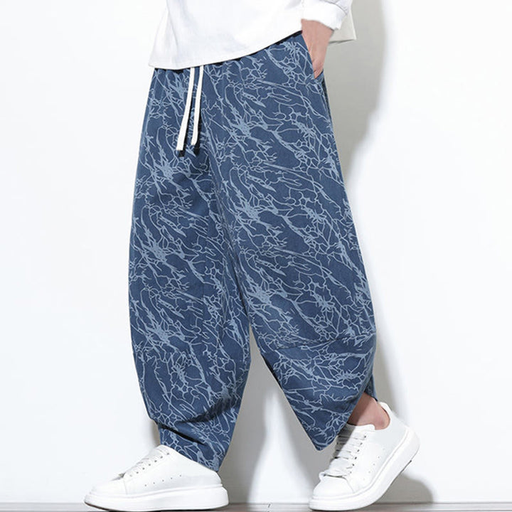 Pantalon harem homme en coton imprimé de lignes texturées avec motif de Buddha Stones et poches, longueur cheville, taille élastique - image 7