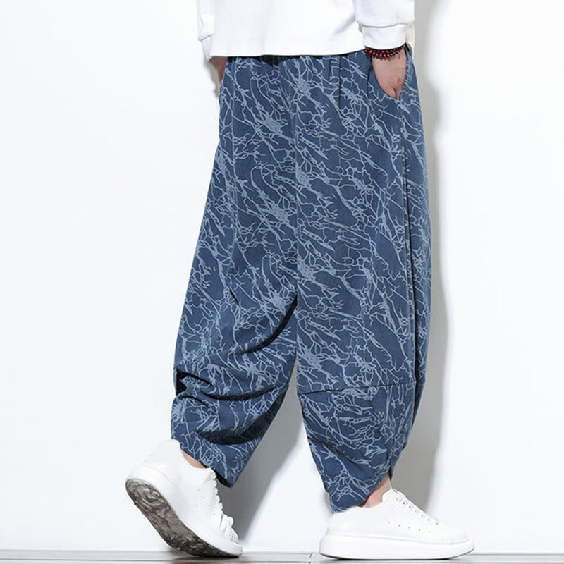 Pantalon harem homme en coton imprimé de lignes texturées avec motif de Buddha Stones et poches, longueur cheville, taille élastique - image 3