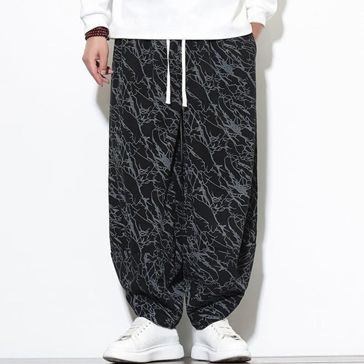 Pantalon harem homme en coton imprimé de lignes texturées avec motif de Buddha Stones et poches, longueur cheville, taille élastique - image 13