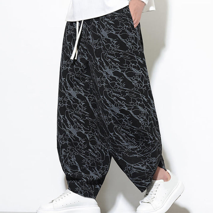 Pantalon harem homme en coton imprimé de lignes texturées avec motif de Buddha Stones et poches, longueur cheville, taille élastique - image 15