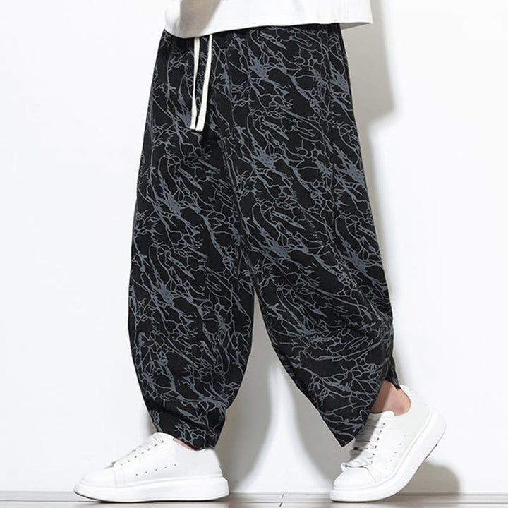 Pantalon harem homme en coton imprimé de lignes texturées avec motif de Buddha Stones et poches, longueur cheville, taille élastique - image 9